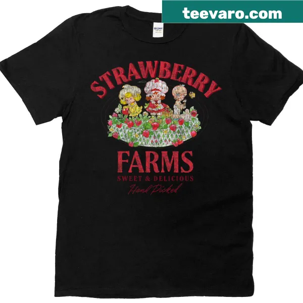 Vintage-style t-shirt with strawberry shortcake garden illustration