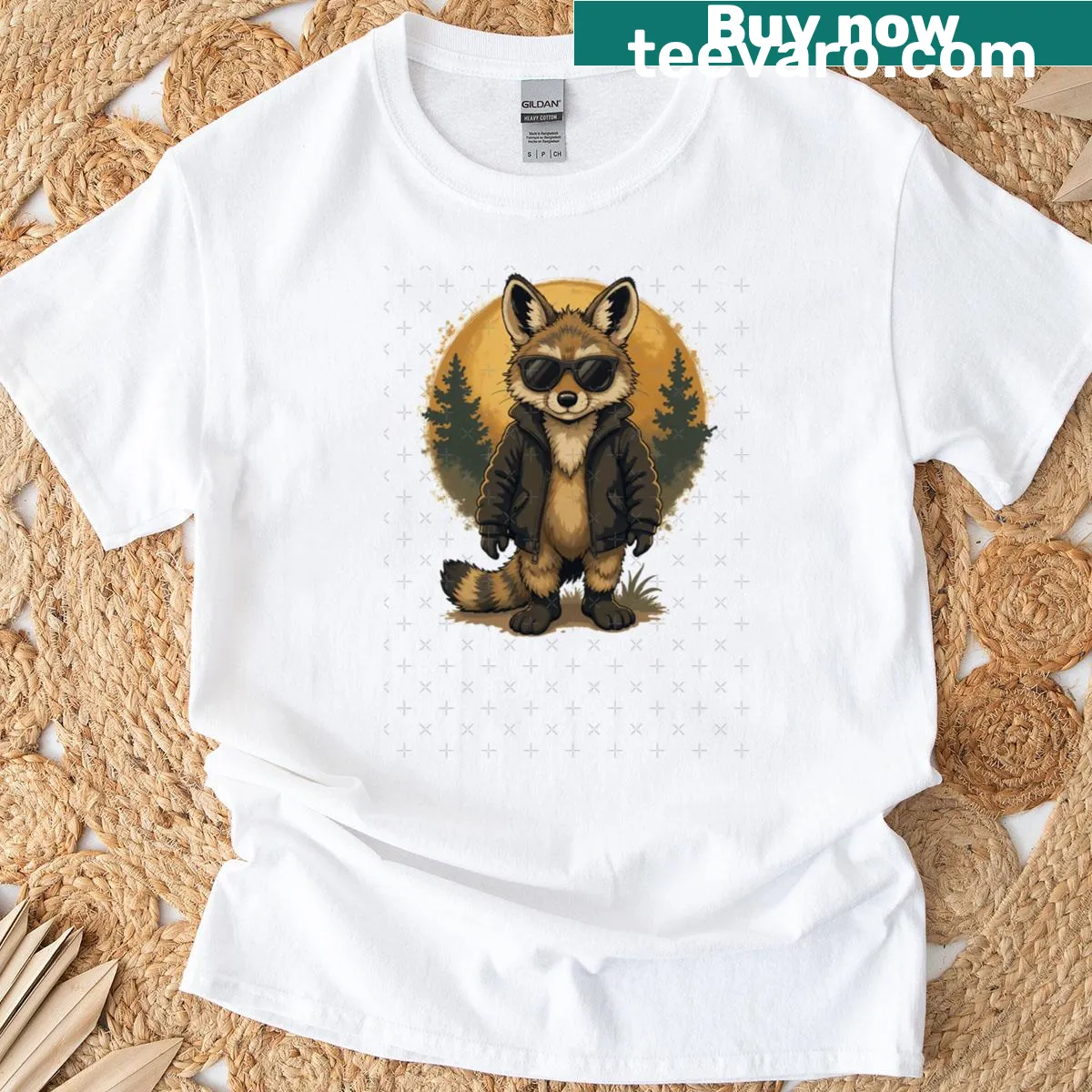 T-shirt featuring an aardwolf illustration against a sunset backdrop — on a men's t-shirt