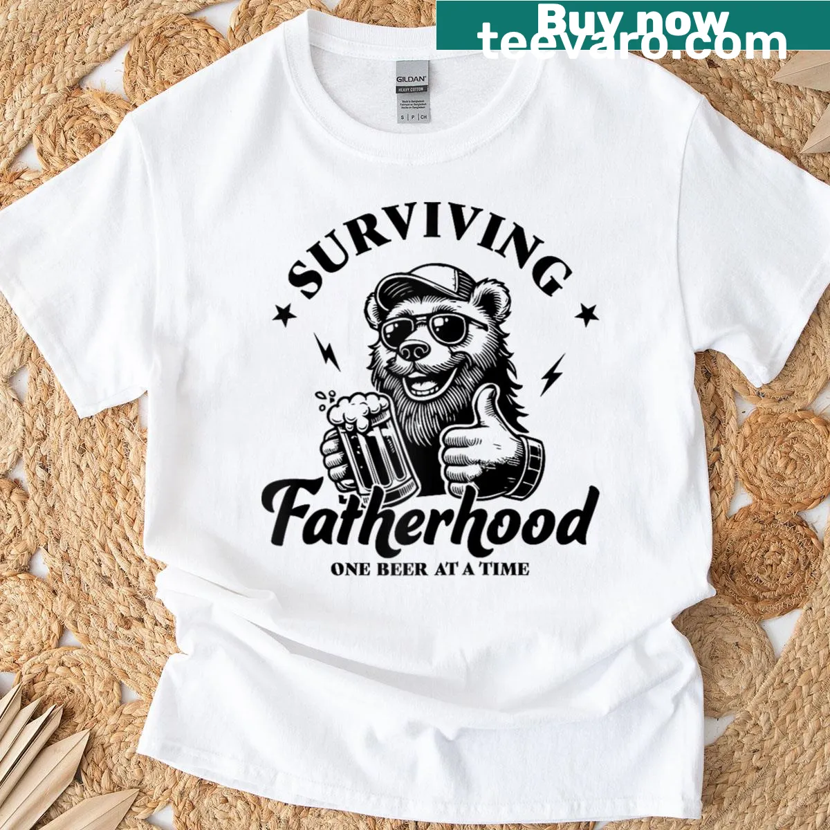 Raglan baseball tee for dads with 'Surviving Fatherhood One Beer at a Time' — on a men's t-shirt