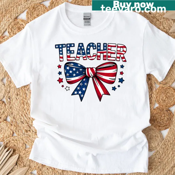 American flag T-shirt with bow and stars illustration for teachers