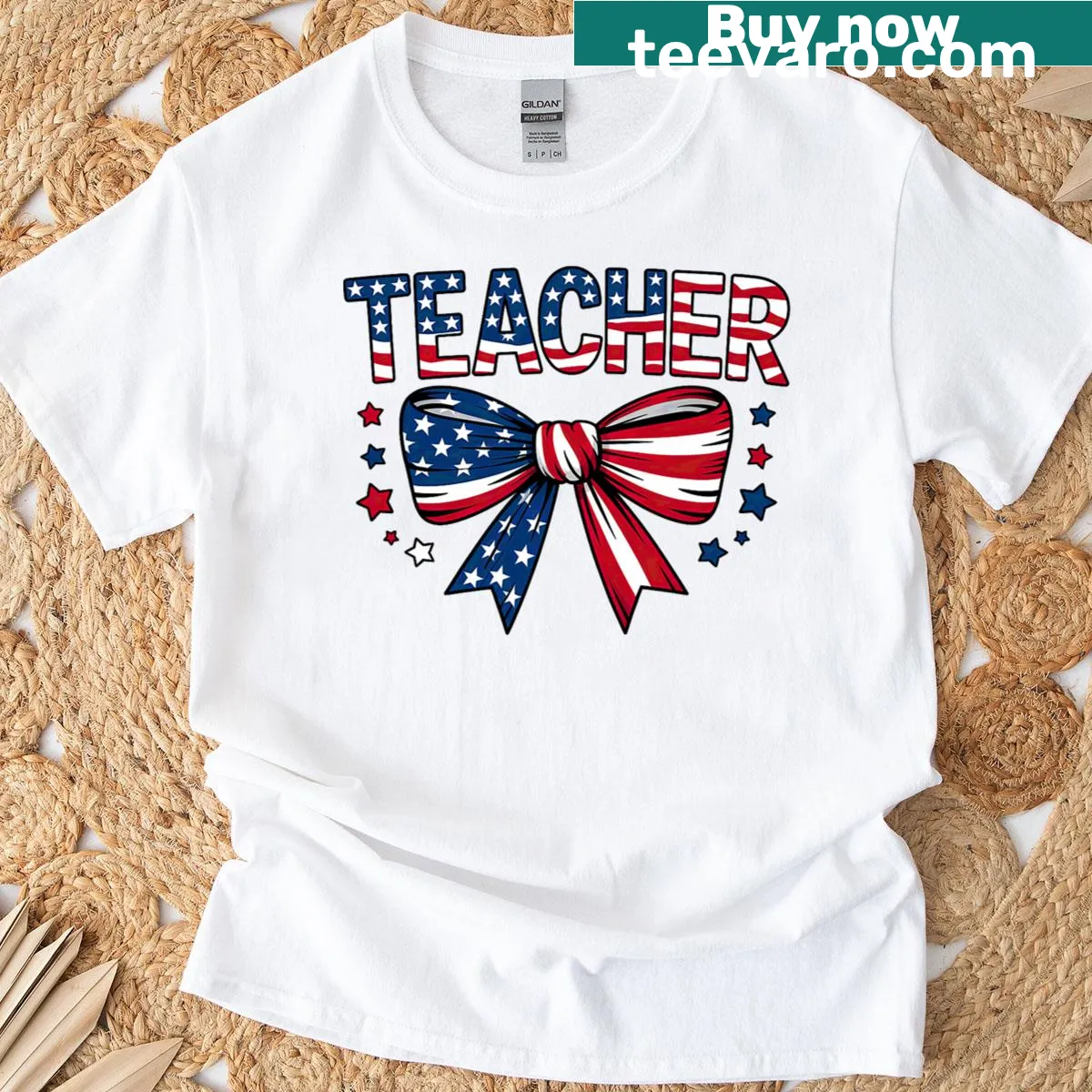 American flag T-shirt with bow and stars illustration for teachers — on a men's t-shirt