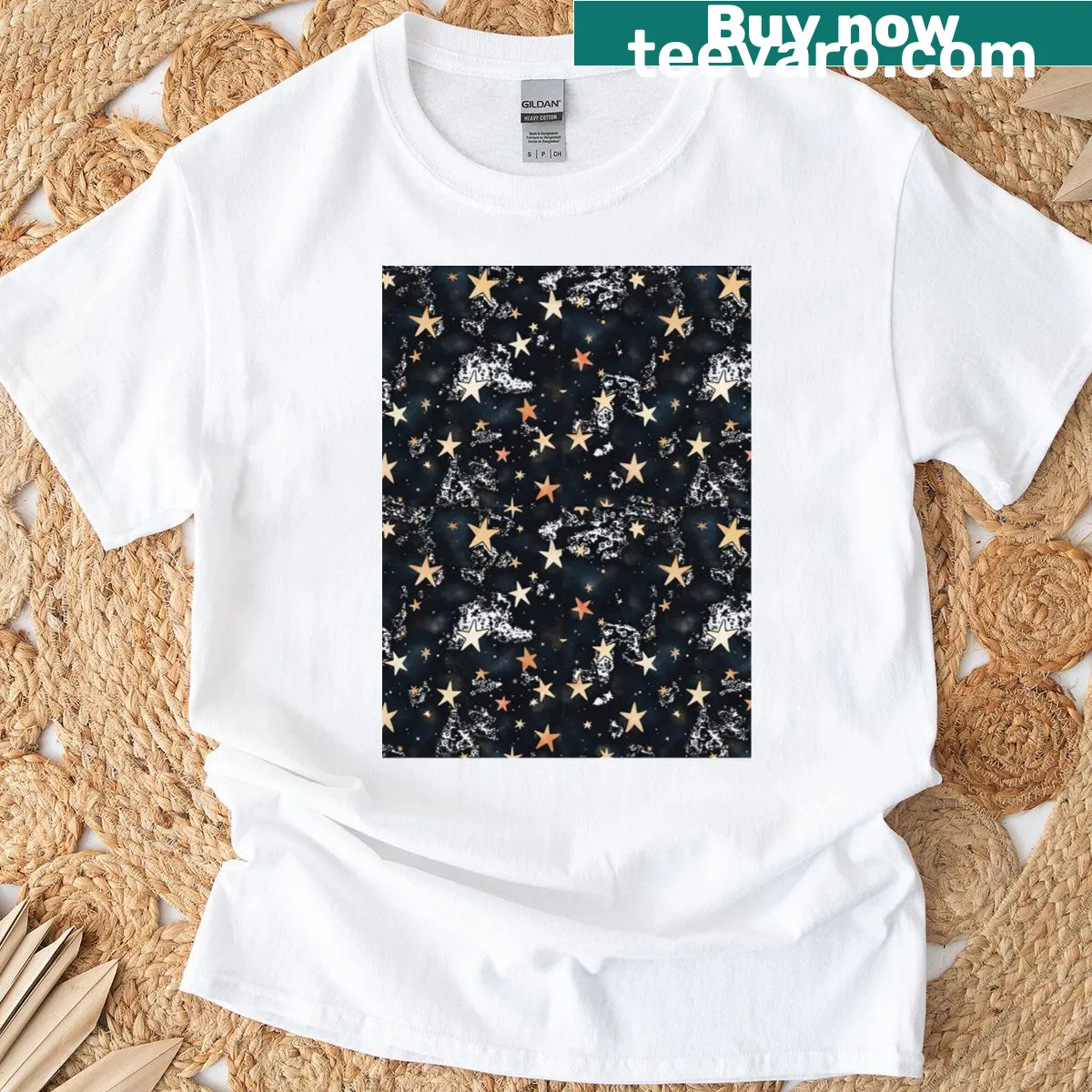 Seamless star pattern t-shirt inspired by the galaxy — on a men's t-shirt