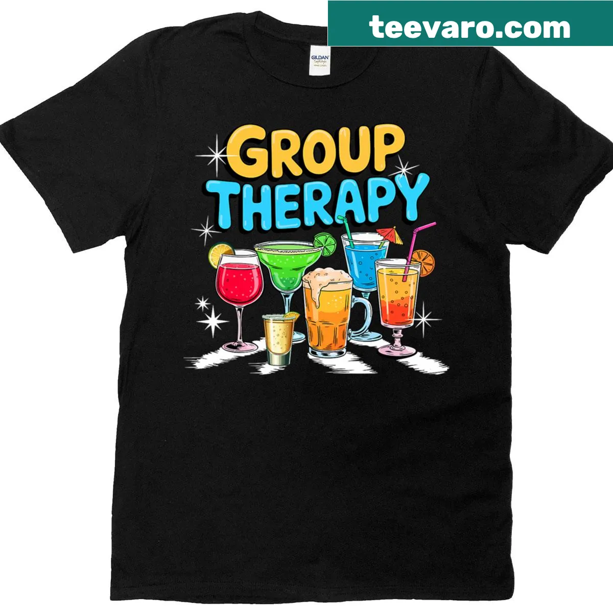 Illustrative T-shirt featuring cocktails and 'therapy drinker' text — on a men's t-shirt