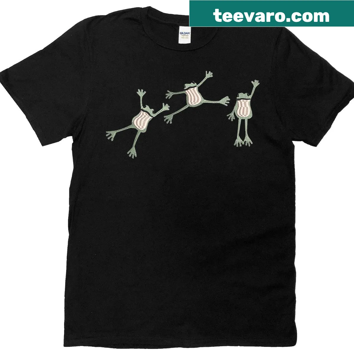 Cartoon T-shirt with three cute frogs jumping — on a men's t-shirt