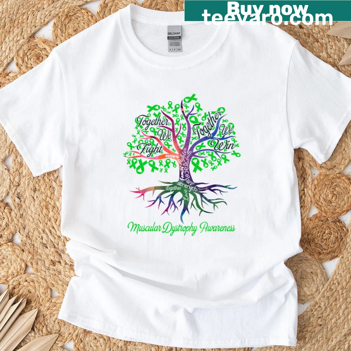Graphic T-shirt featuring tree and ribbons for muscular dystrophy awareness — on a men's t-shirt