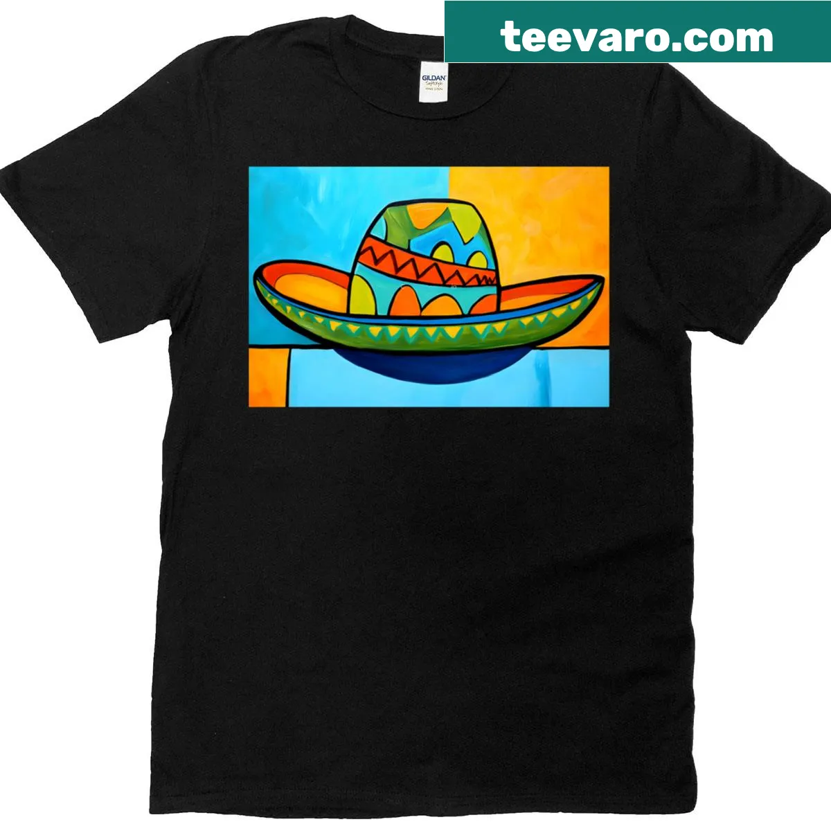 Fiesta-themed T-shirt with sombrero and geometric designs — on a men's t-shirt