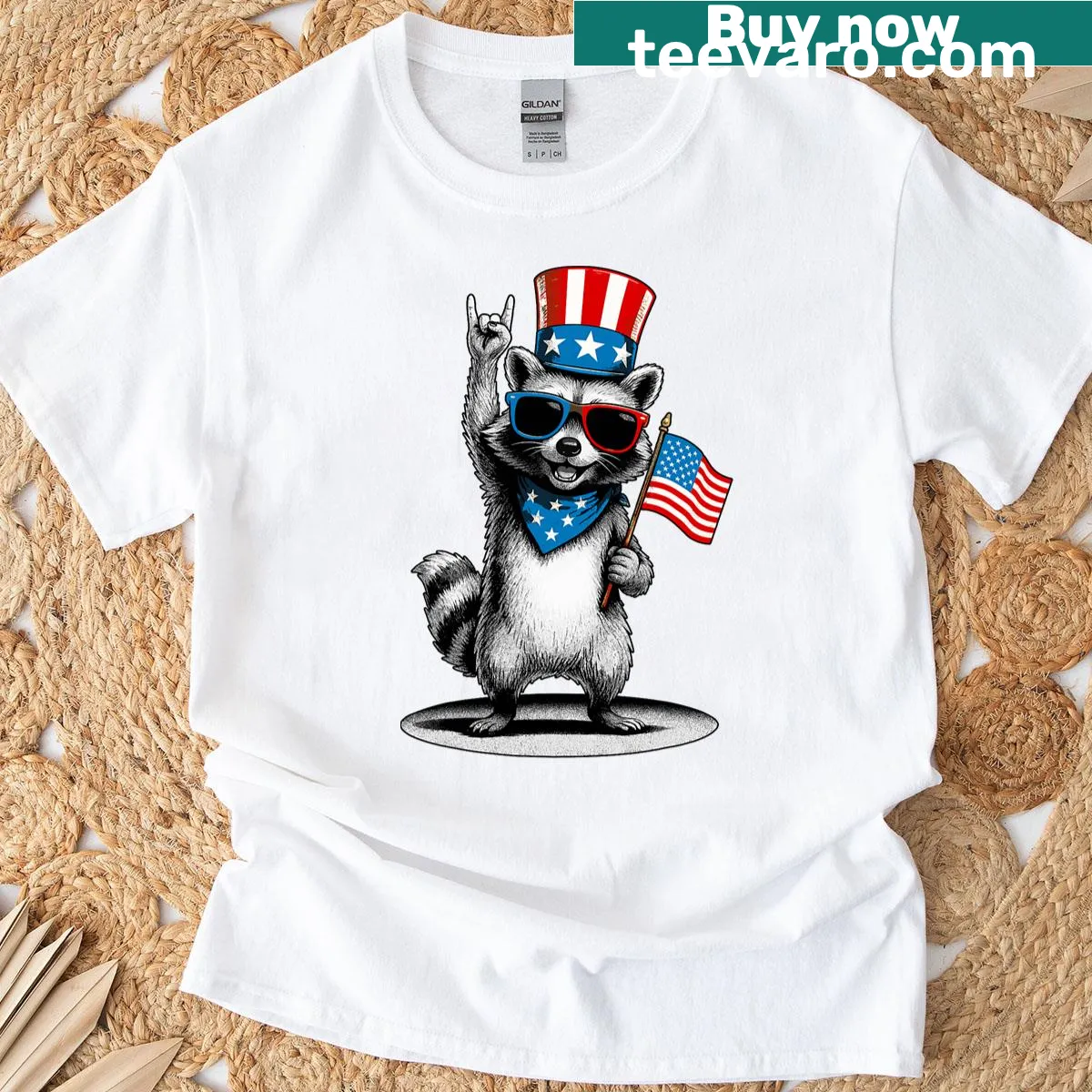 Funny patriotic raccoon T-shirt for Fourth of July. — on a men's t-shirt