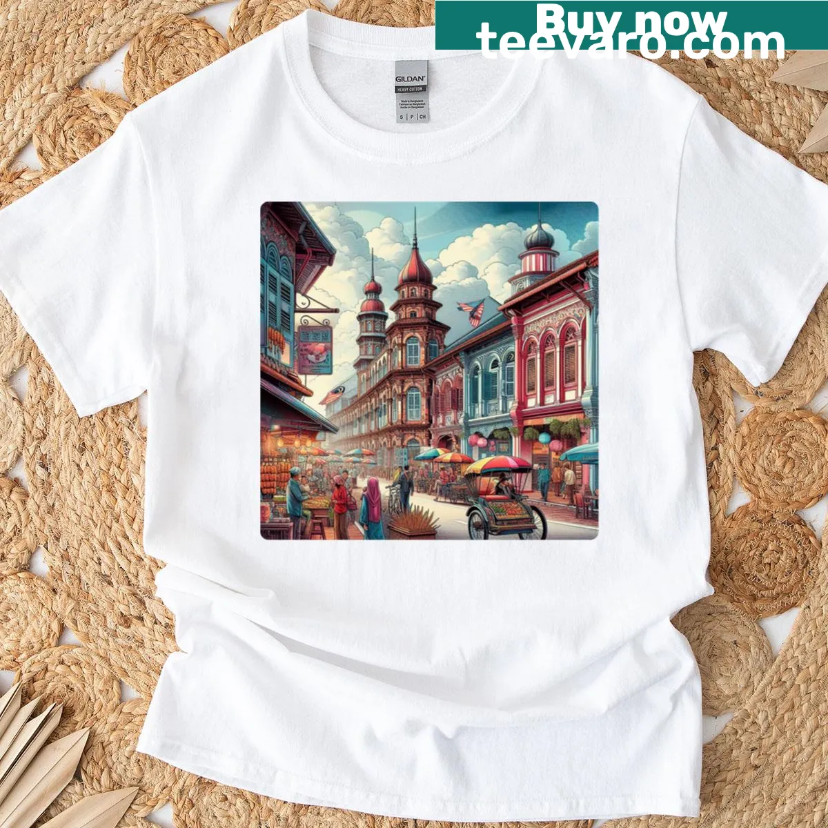 T-shirt featuring a design inspired by Malacca City's traditional market — on a men's t-shirt