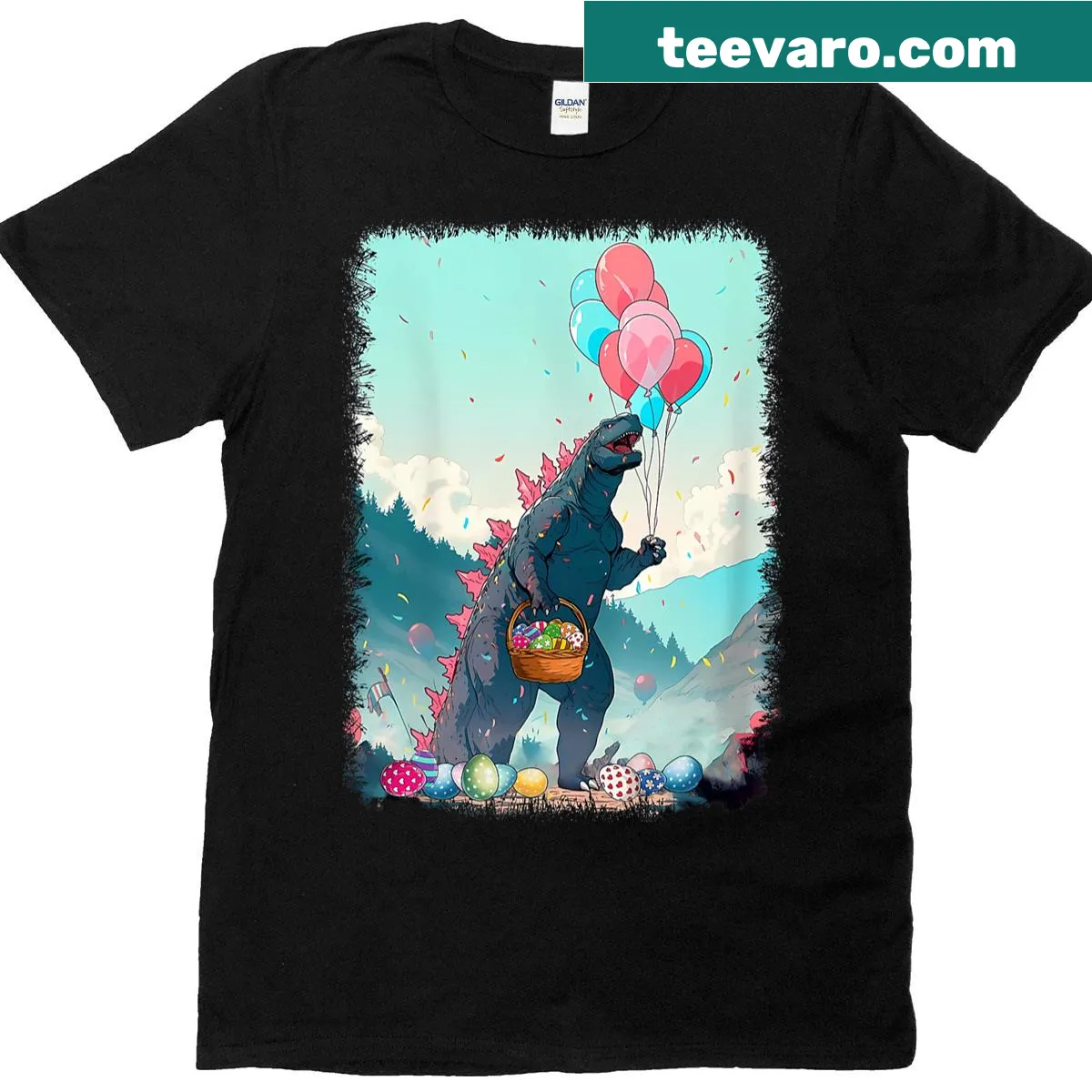 Vintage kaiju-themed Easter T-shirt with Japanese art design — on a men's t-shirt
