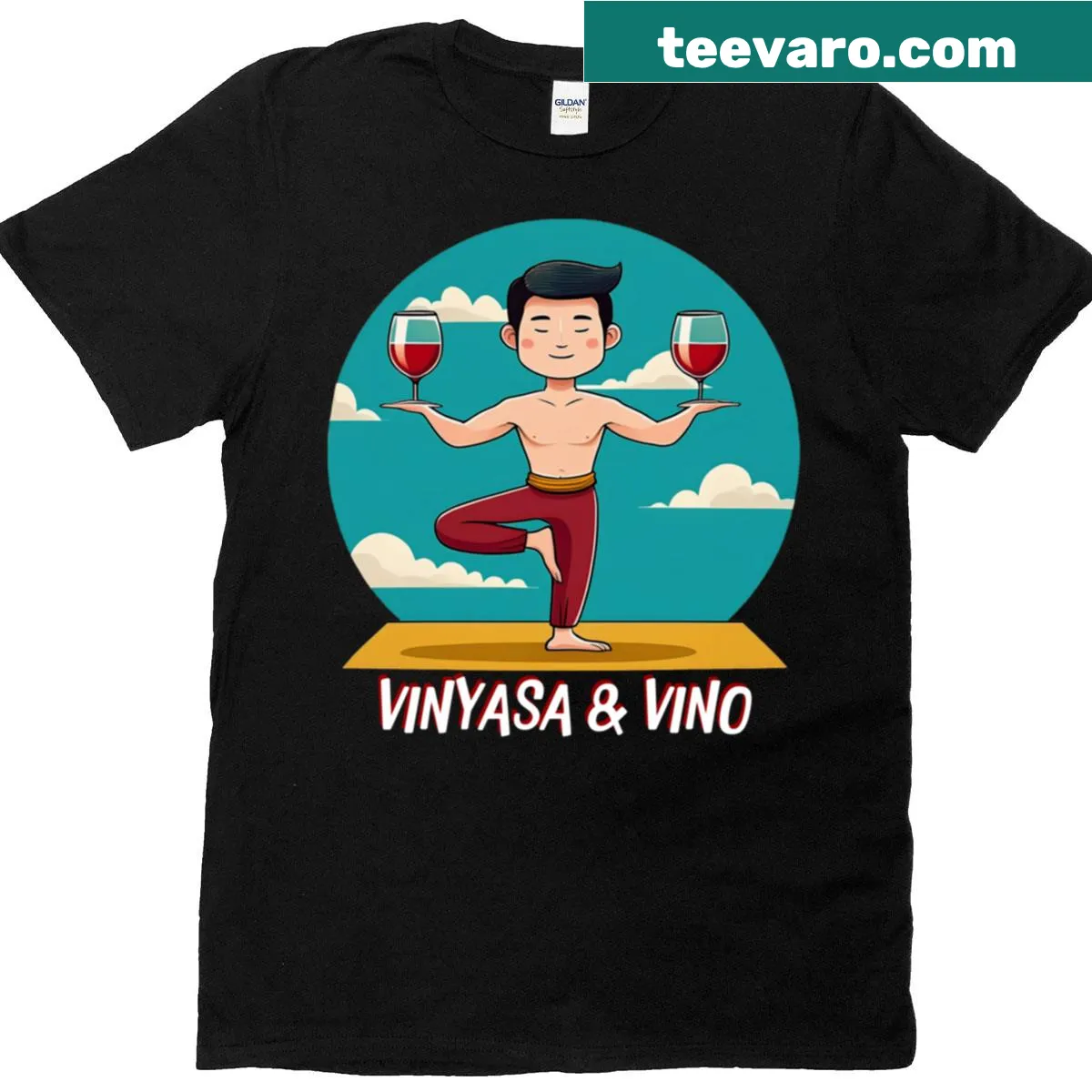 Oversized T-shirt with playful vinyasa and vino typography — on a men's t-shirt
