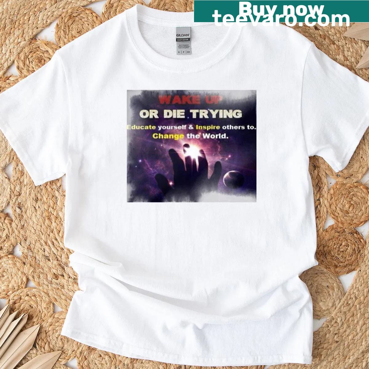 Witty 'Wake Up' phrase typography on a T-shirt — on a men's t-shirt