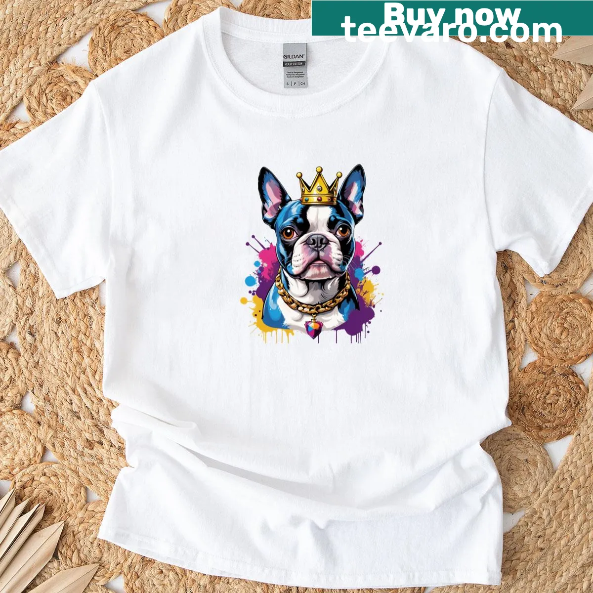 Watercolor illustration of a Boston Terrier wearing a crown — on a men's t-shirt