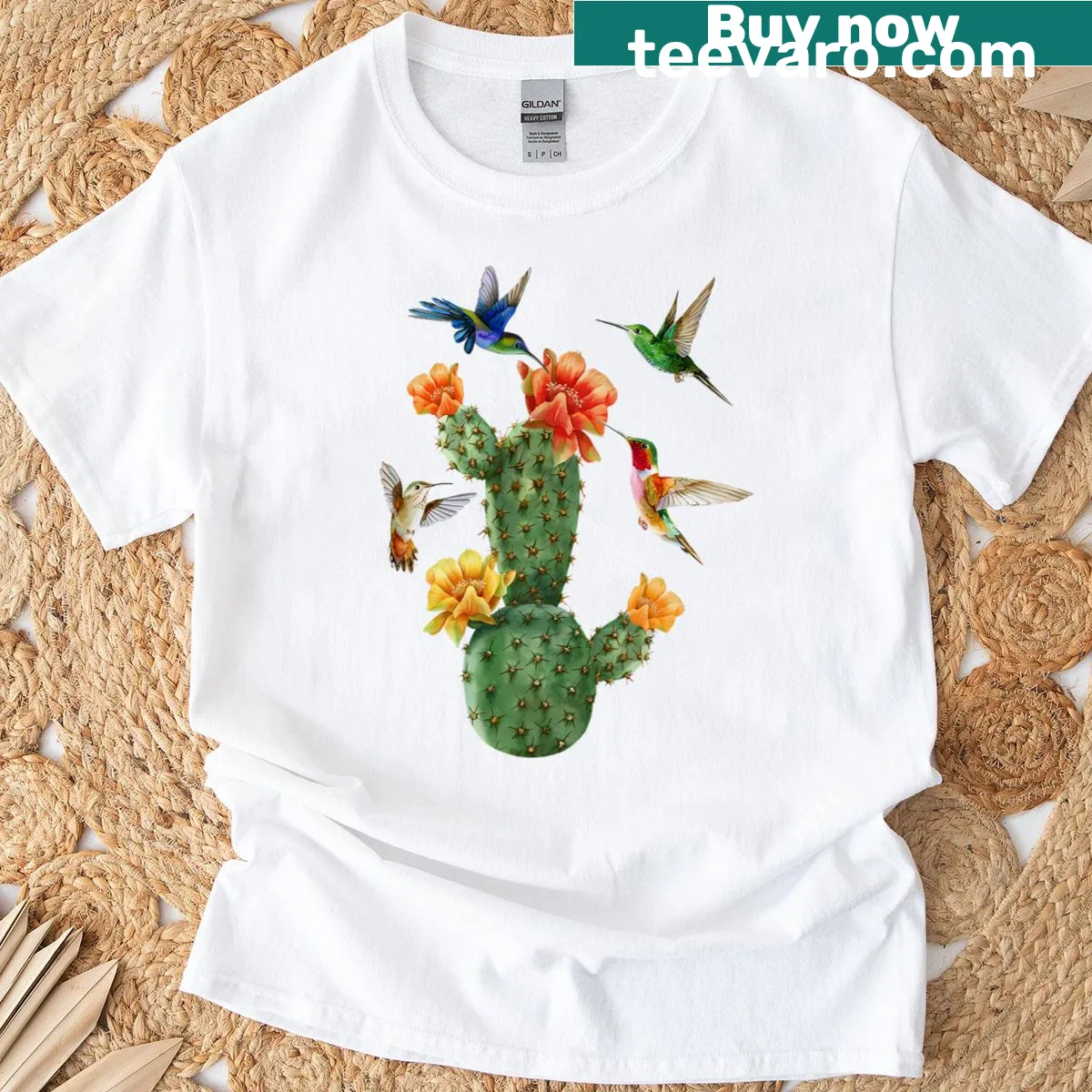 Watercolor botanical design with cacti, hummingbird, and flowers — on a men's t-shirt