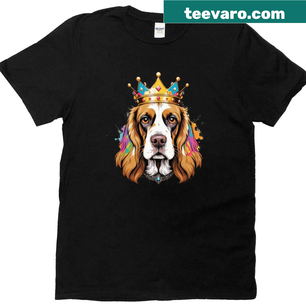 Watercolor illustration of an English Cocker Spaniel wearing a crown on a t-shirt — on a men's t-shirt