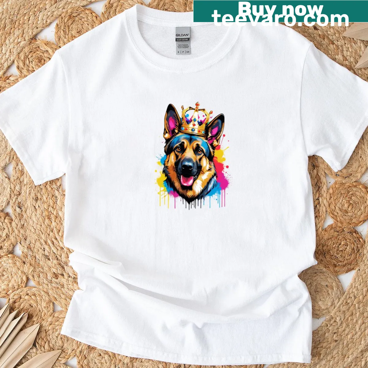 Watercolor German Shepherd dog illustration with a crown — on a men's t-shirt