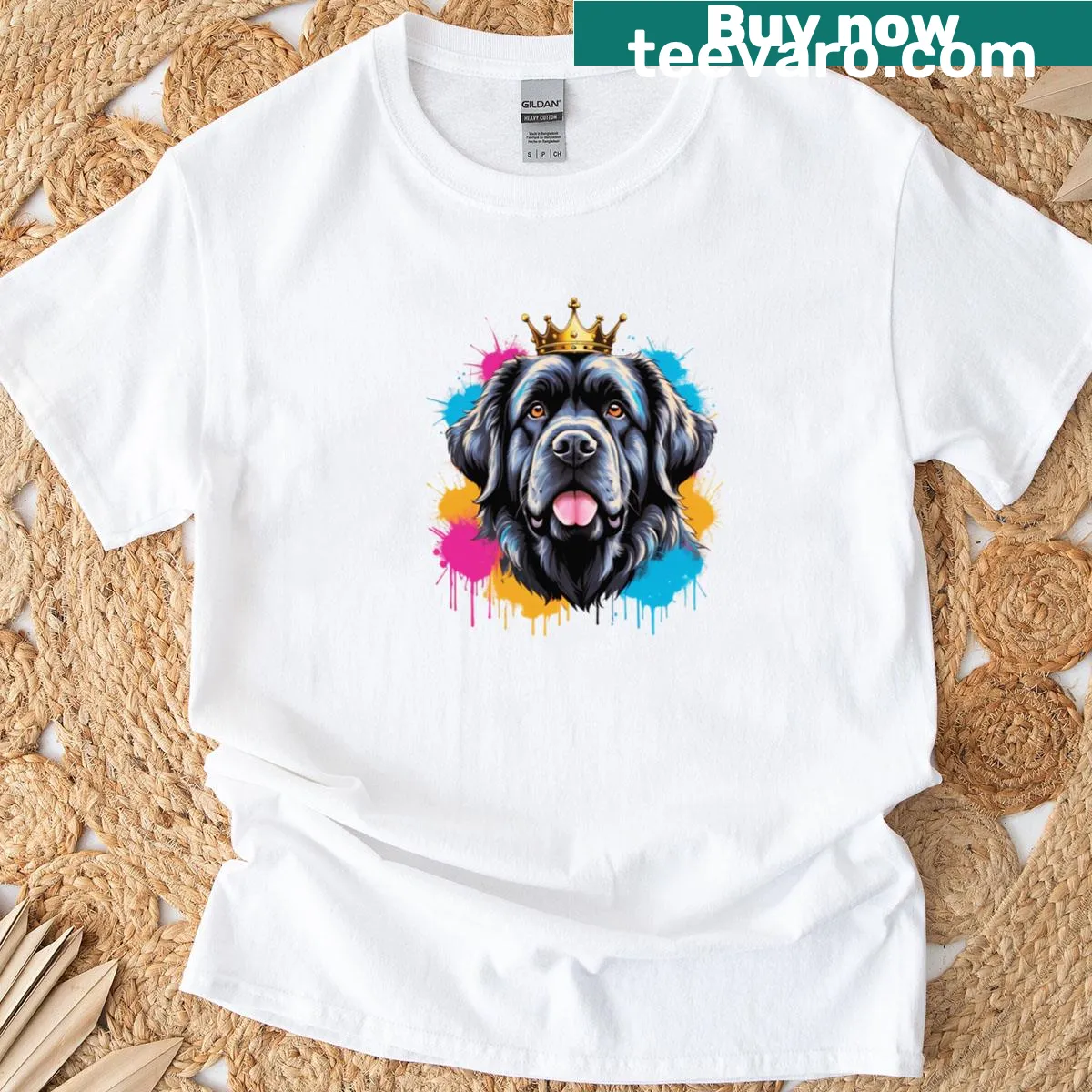 Watercolor Newfoundland dog in a crown, cute and playful design. — on a men's t-shirt