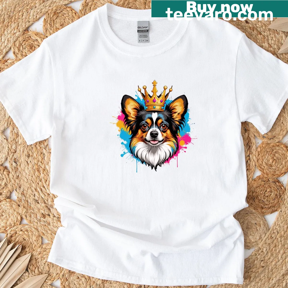 Watercolor Papillon dog with a crown, playful oversized design. — on a men's t-shirt