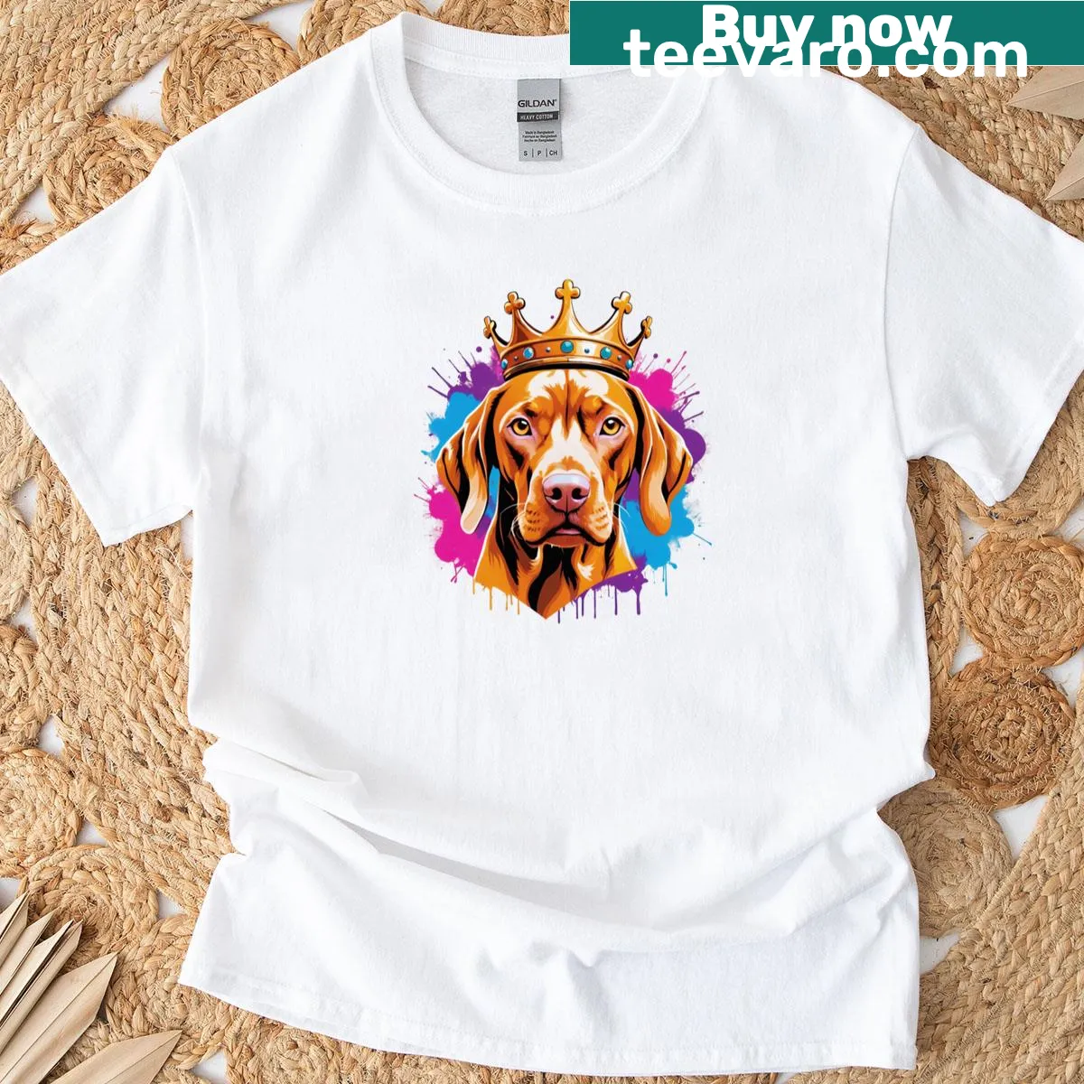 Watercolor Vizsla dog with a crown, playful oversized design. — on a men's t-shirt