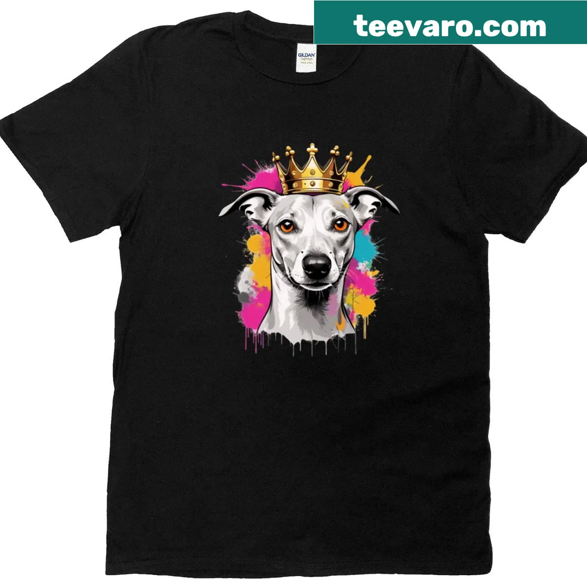 Watercolor whippet dog wearing a crown illustration on T-shirt — on a men's t-shirt