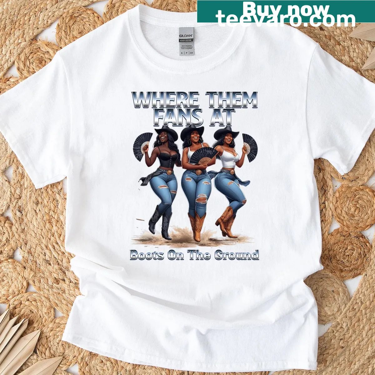 Funny tee celebrating cowgirl culture with the phrase 'where them cowgirls fans boots on da ground' — on a men's t-shirt