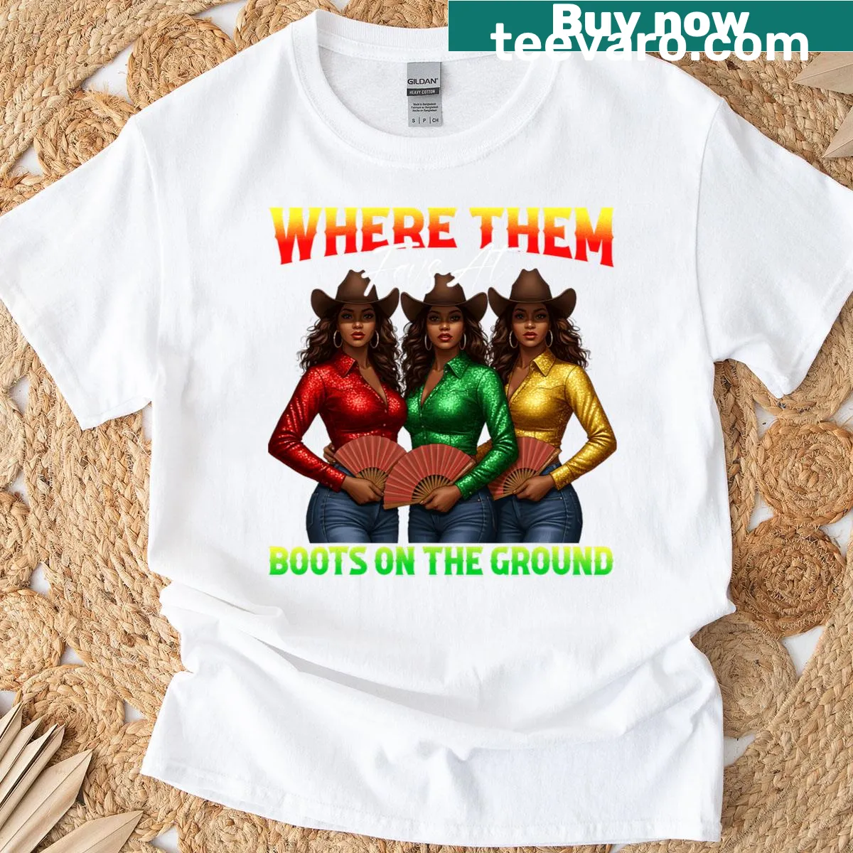 Playful tee with the phrase 'where them fans at boots on the ground' celebrating cowgirl culture — on a men's t-shirt