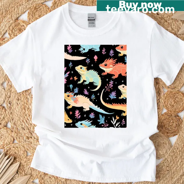 Whimsical graphic T-shirt with bearded dragon garden pattern