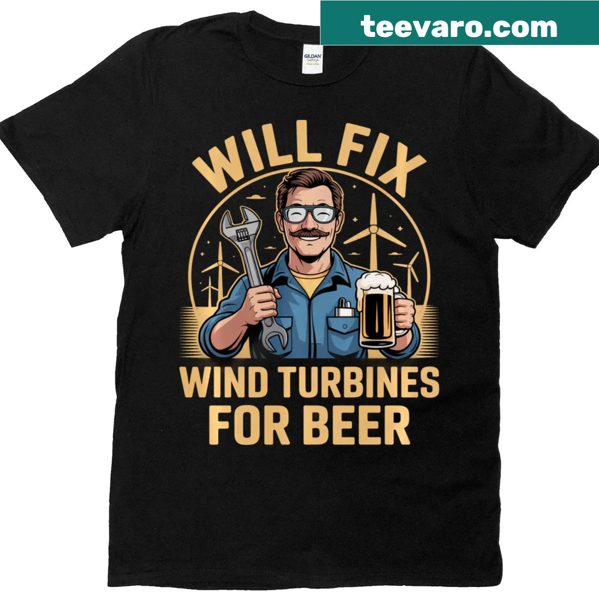 Funny wind turbine technician shirt with text about beer — on a men's t-shirt