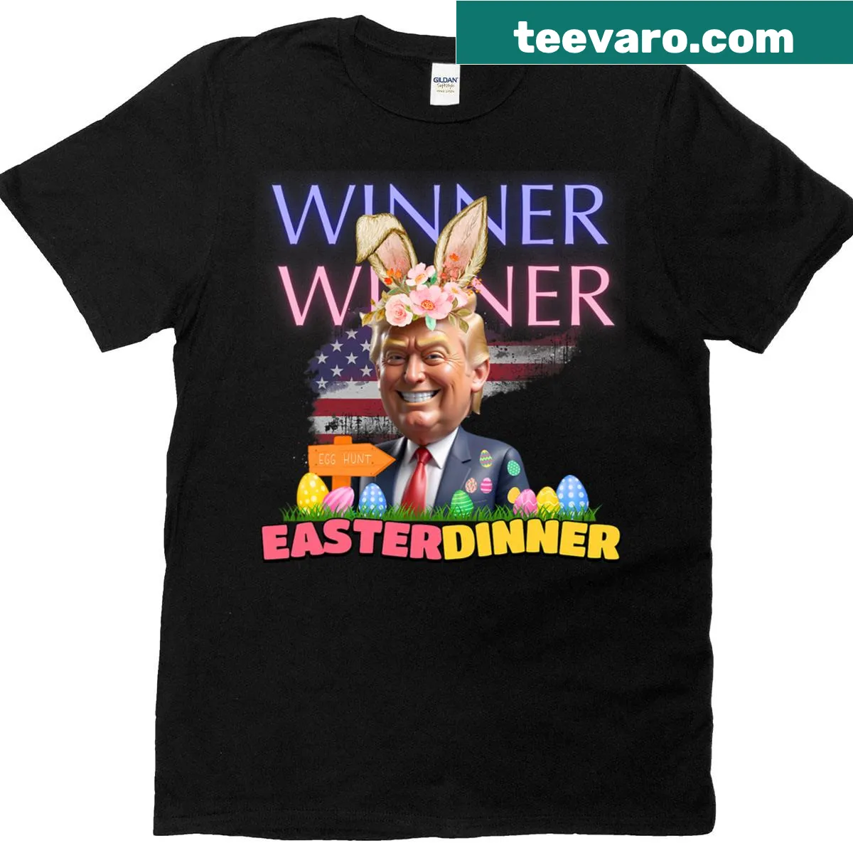 Funny Easter T-shirt with 'Winner Winner Easter Dinner' slogan — on a men's t-shirt