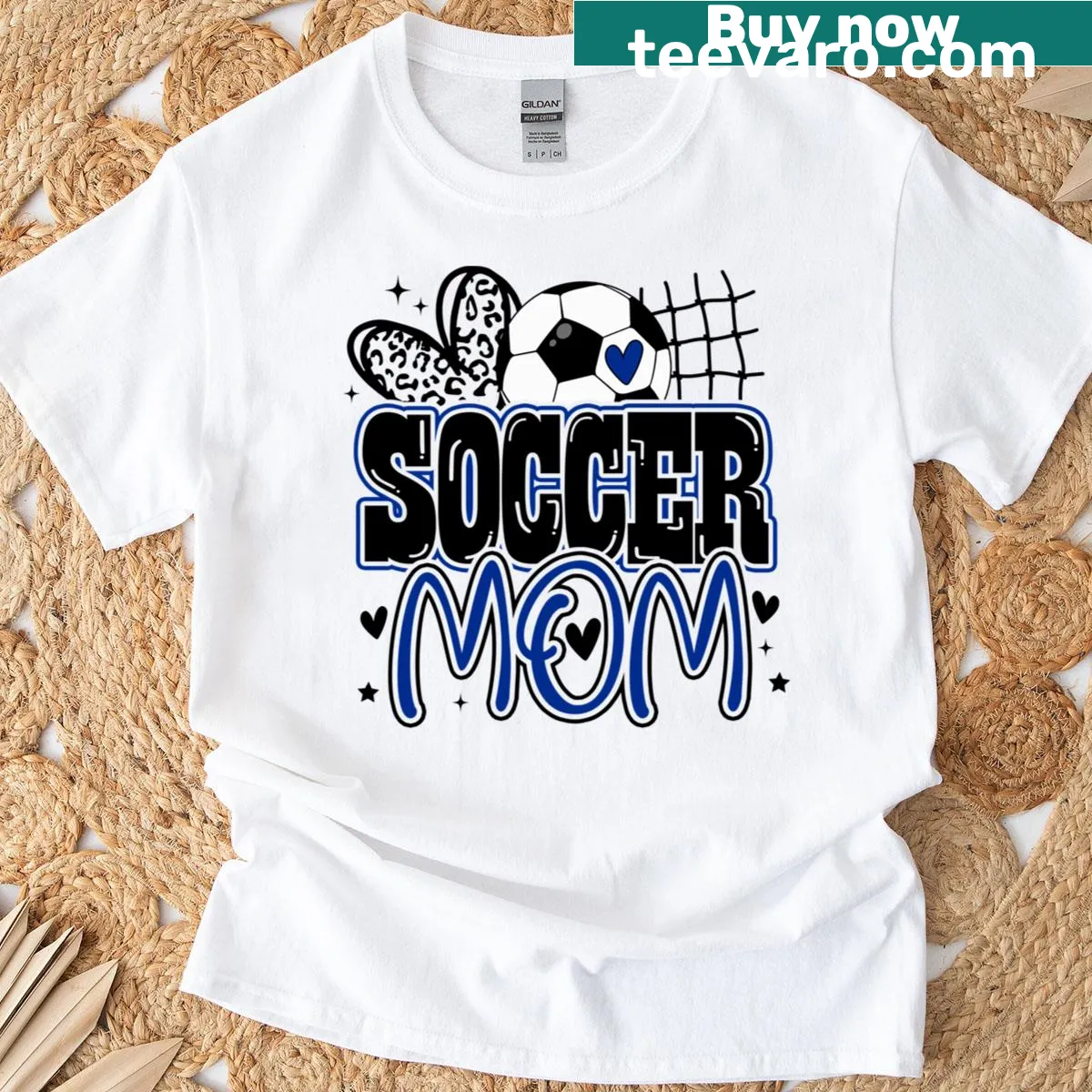 Blue t-shirt with heart and leopard print design for soccer moms — on a men's t-shirt