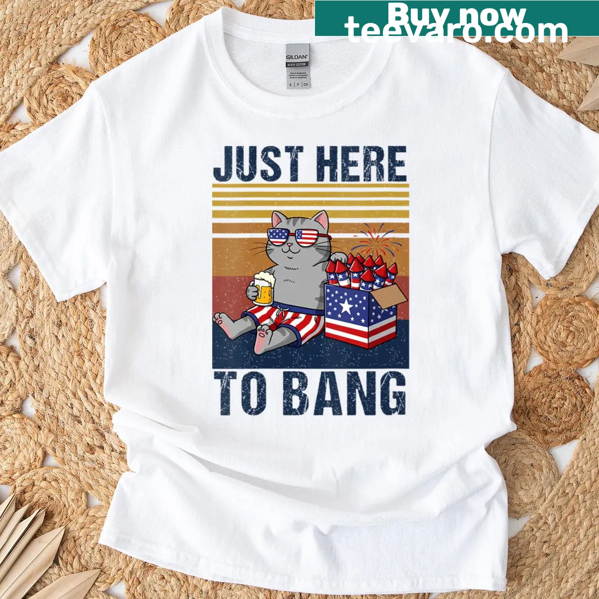 Funny T-shirt for women with USA flag, cat, and beer graphics — on a men's t-shirt