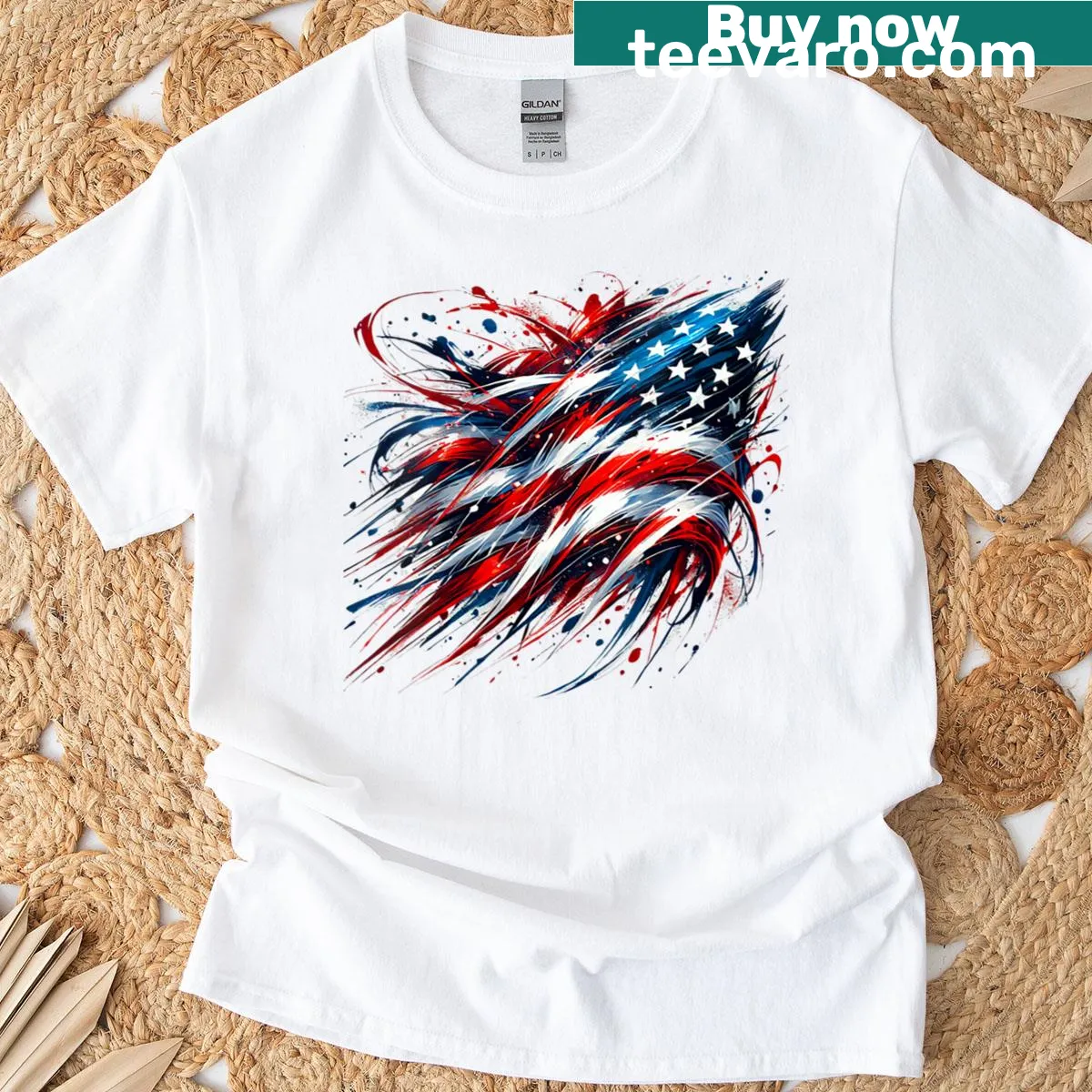 Abstract t-shirt featuring a painted splash design of the American flag — on a men's t-shirt