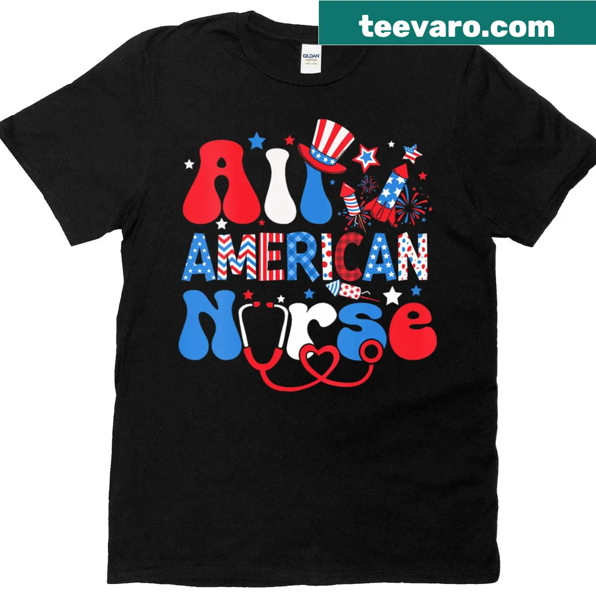 All American Nurse T-shirt with USA flag design — on a men's t-shirt