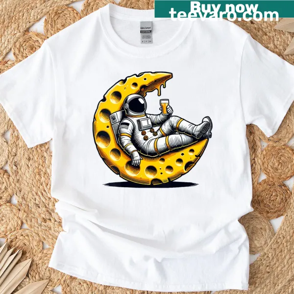 Funny astronaut t-shirt featuring moon, cheese, and beer