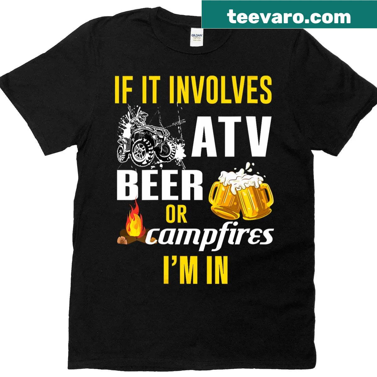 ATV adventure T-shirt with fun camping phrase — on a men's t-shirt