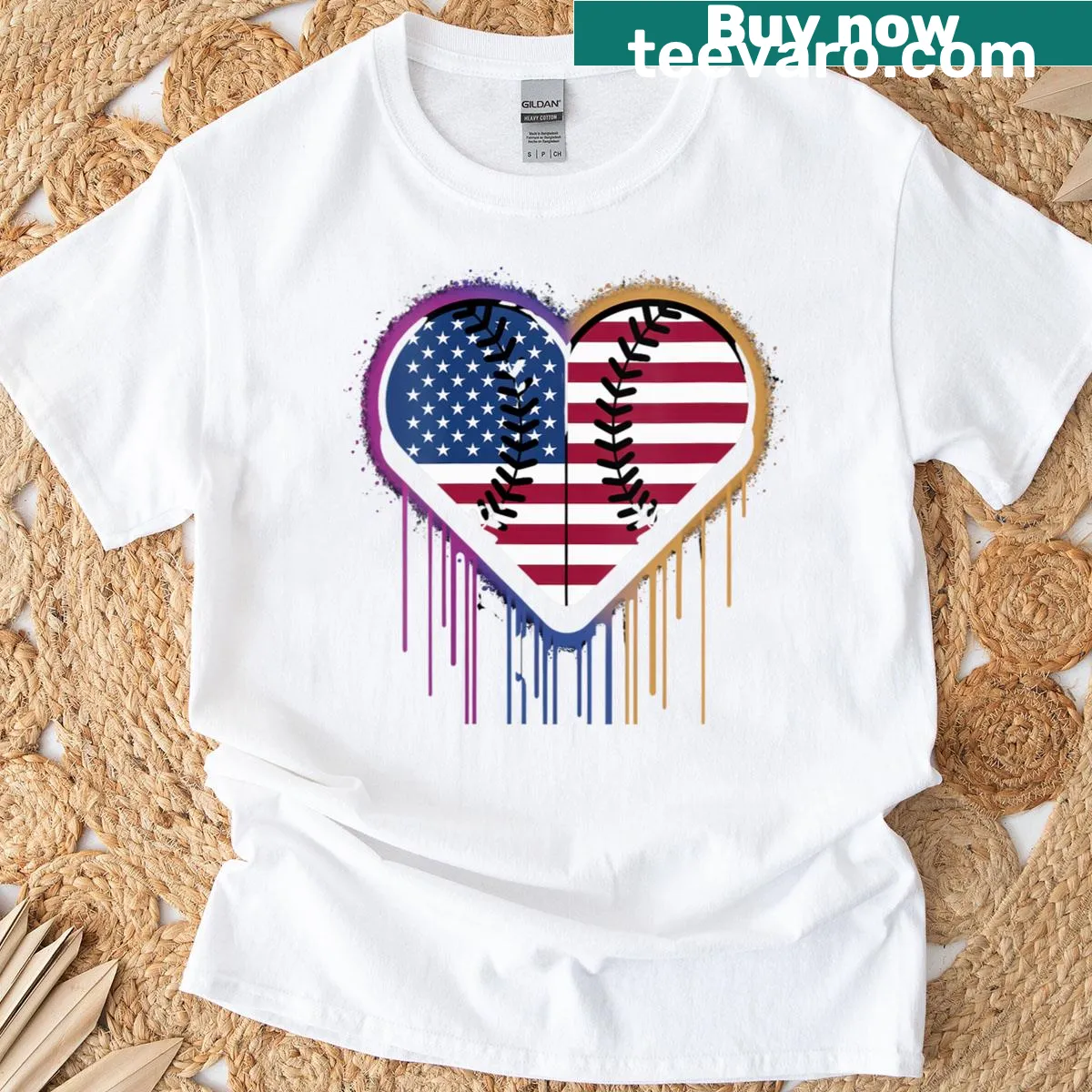 Patriotic T-shirt featuring baseball, ice cream, and USA flag design. — on a men's t-shirt