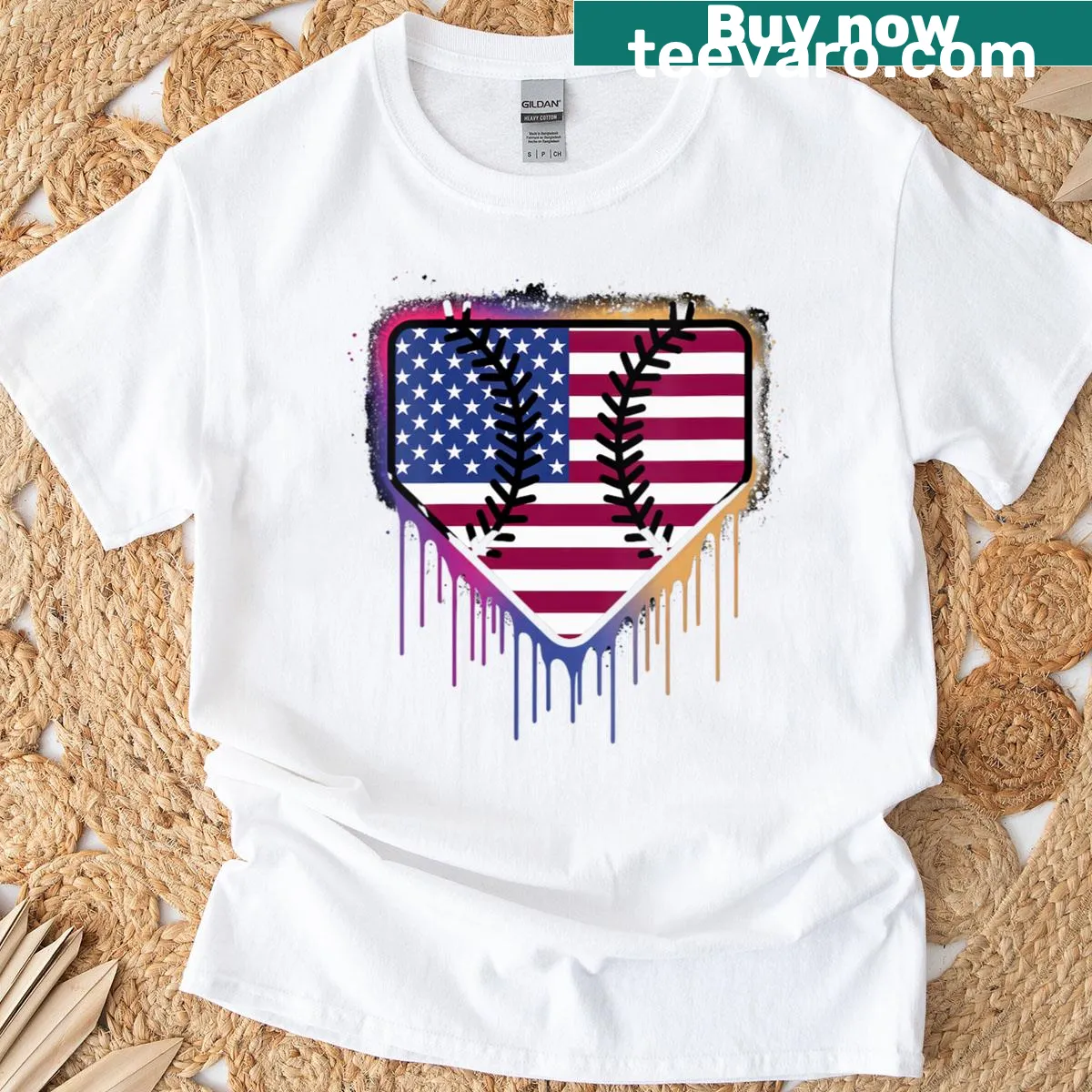 Patriotic women's T-shirt with baseball, ice cream, and American flag design. — on a men's t-shirt