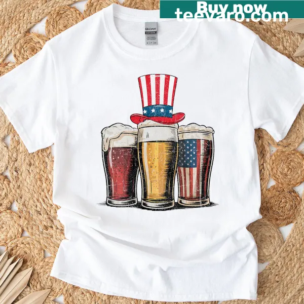 4th of July T-shirt featuring American flag and beer design