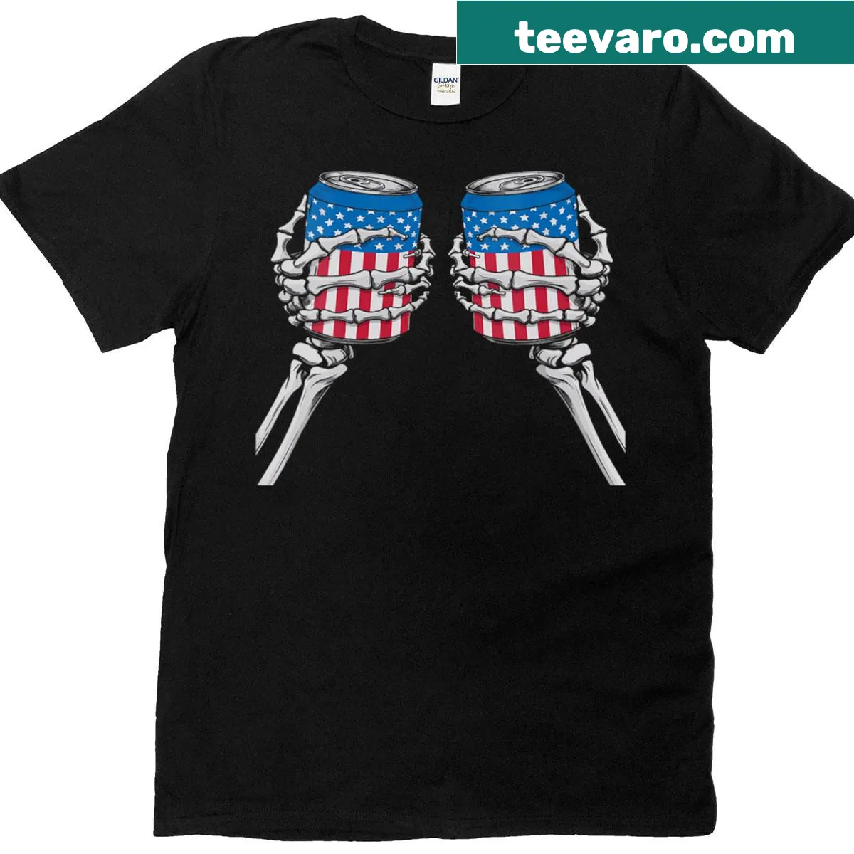 Fourth of July T-shirt with skeleton hand and beer graphic — on a men's t-shirt