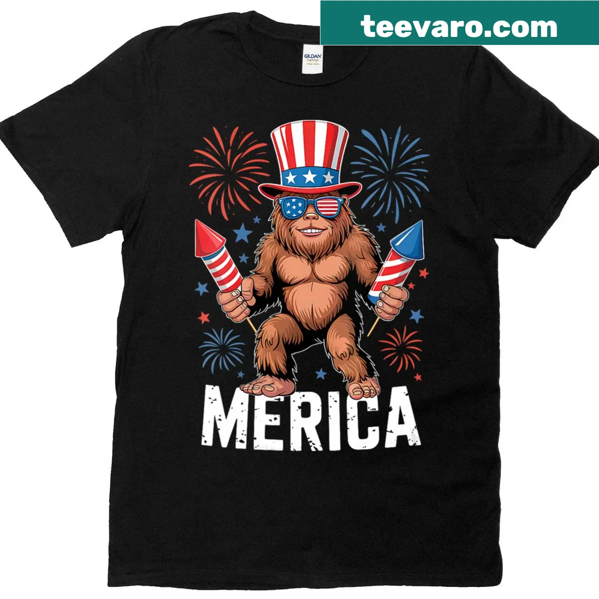 Funny Sasquatch T-shirt celebrating the 4th of July — on a men's t-shirt