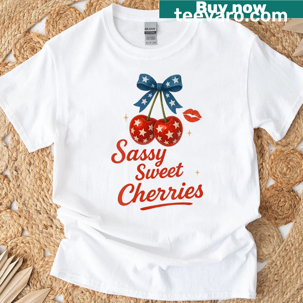 Sassy Fourth of July T-shirt with cherry design for women. — on a men's t-shirt