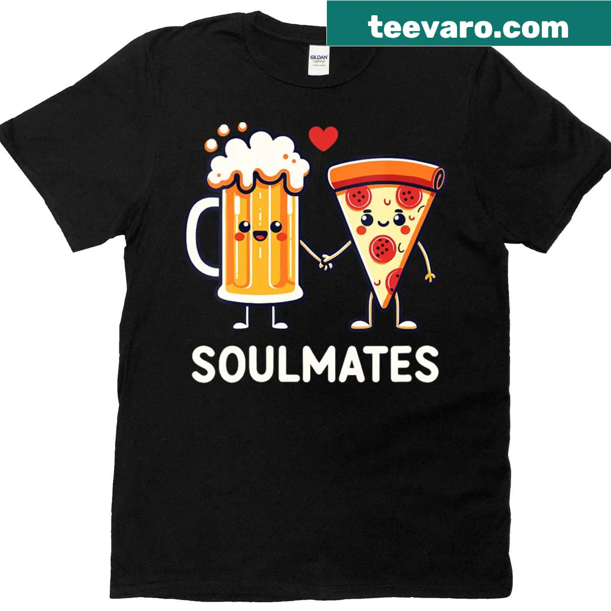 Cute couple shirt with pizza and beer soulmate design — on a men's t-shirt