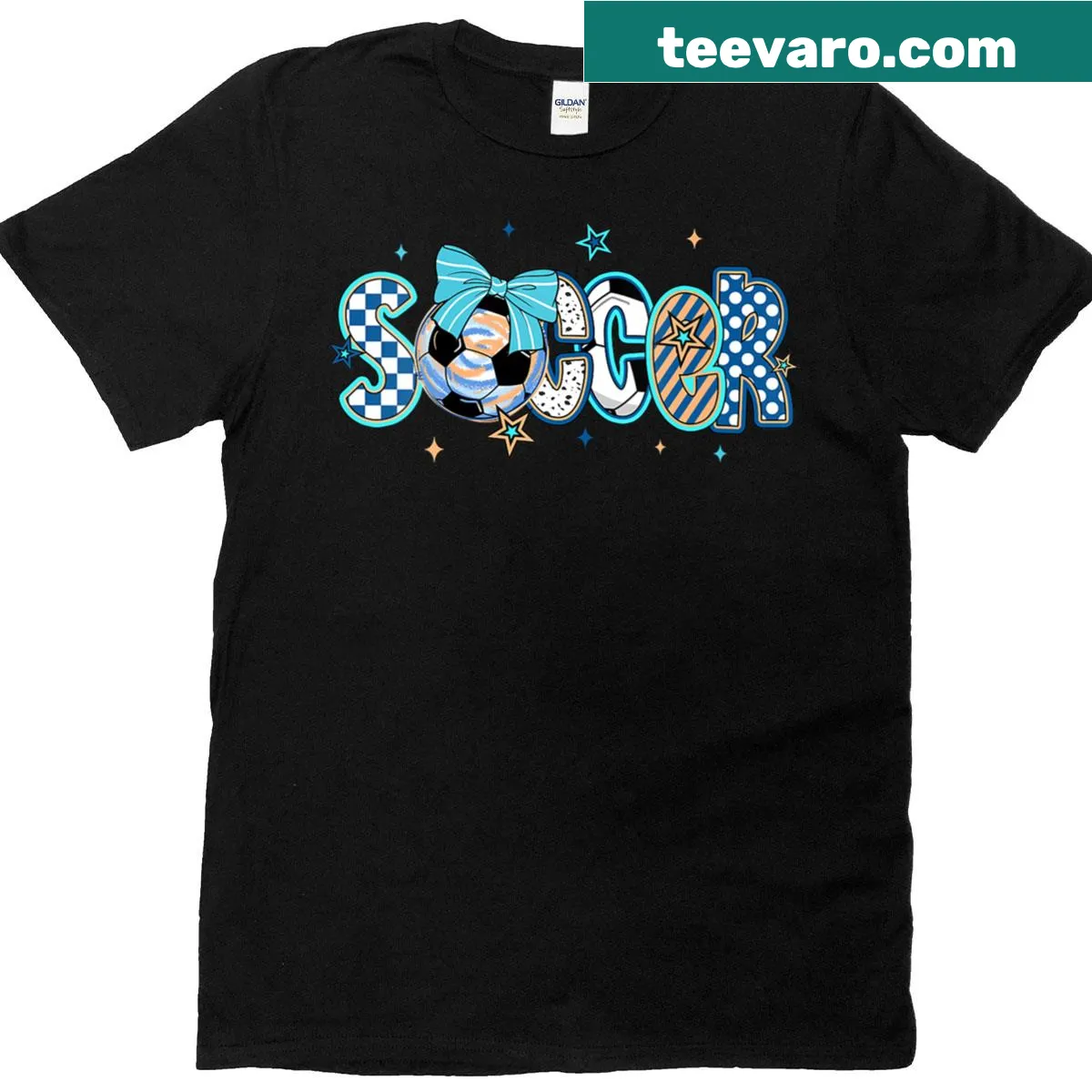 Playful T-shirt for soccer moms featuring game day elements and a bow — on a men's t-shirt