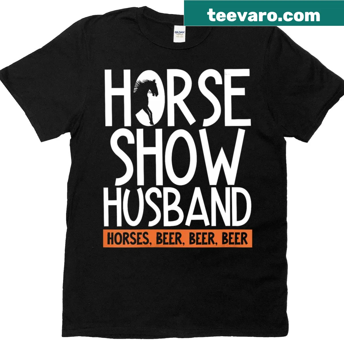 Playful horse-themed T-shirt with text about horses and beer — on a men's t-shirt