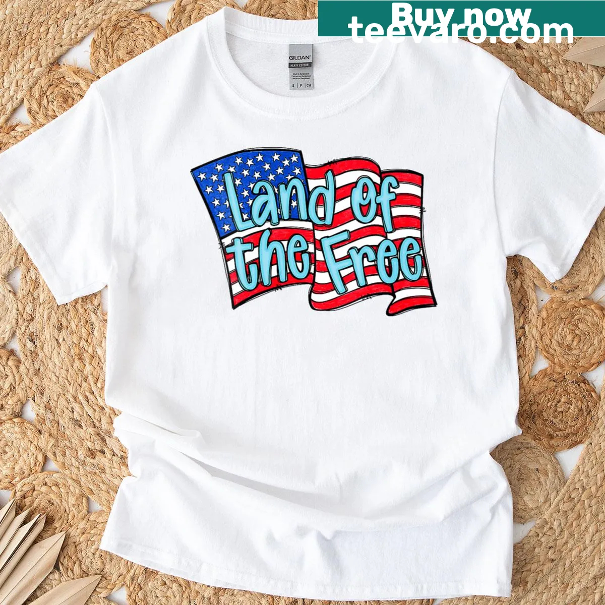 Retro USA flag T-shirt with 'Land of the Free Because of the Brave' text — on a men's t-shirt