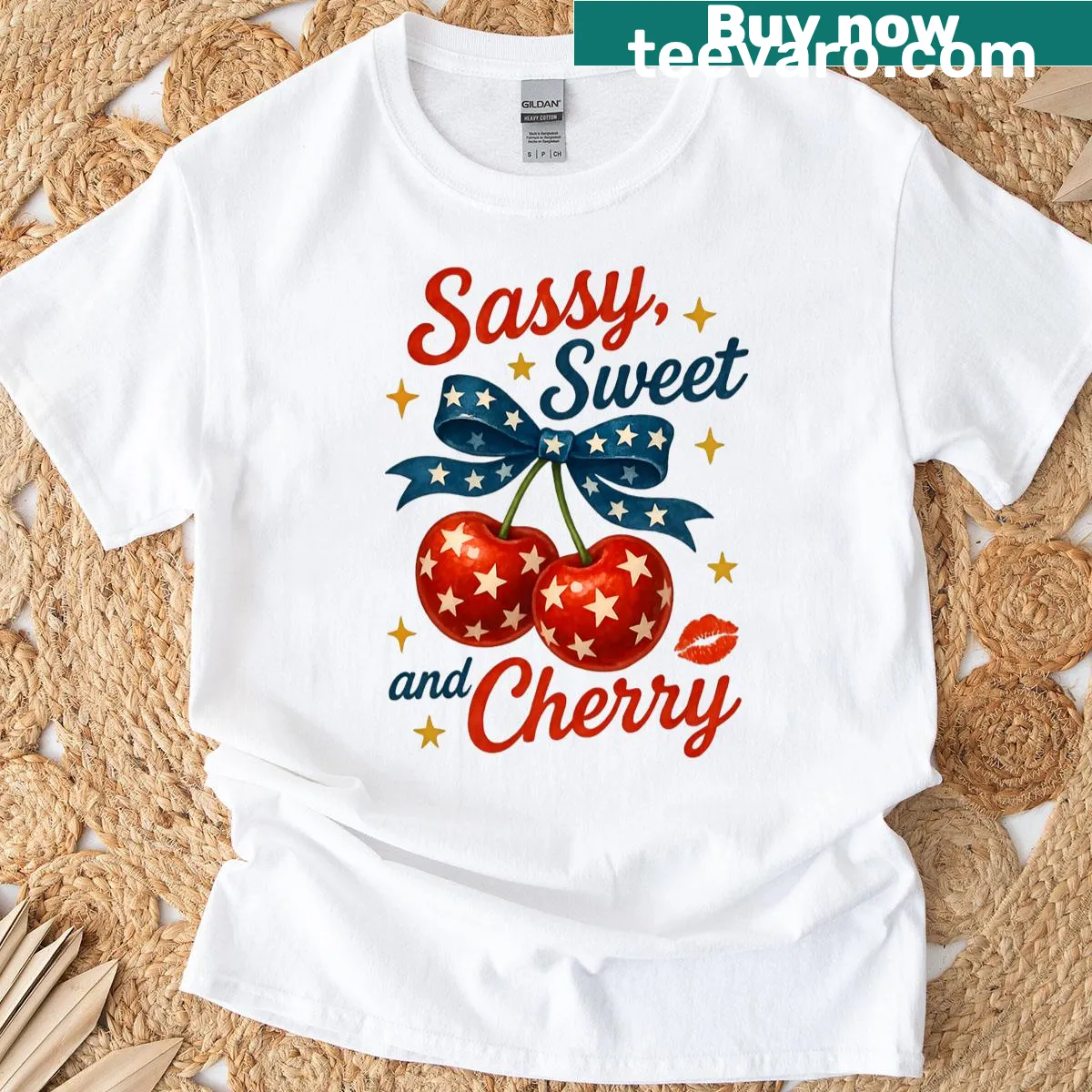 Cheeky Fourth of July T-shirt with cherry bow design for women. — on a men's t-shirt