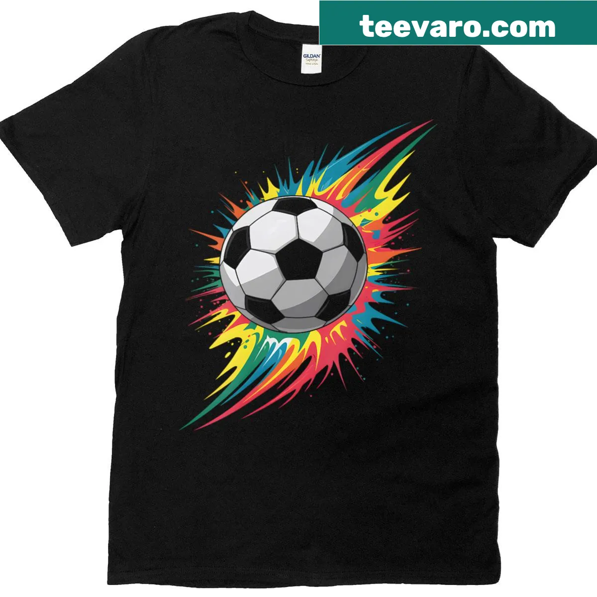 Dynamic soccer ball graphic t-shirt for women — on a men's t-shirt