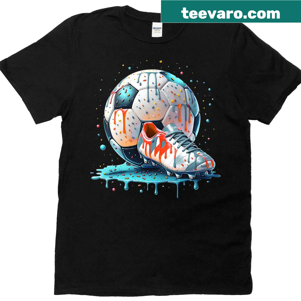 Ice cream cone dribbling a soccer ball graphic T-shirt — on a men's t-shirt