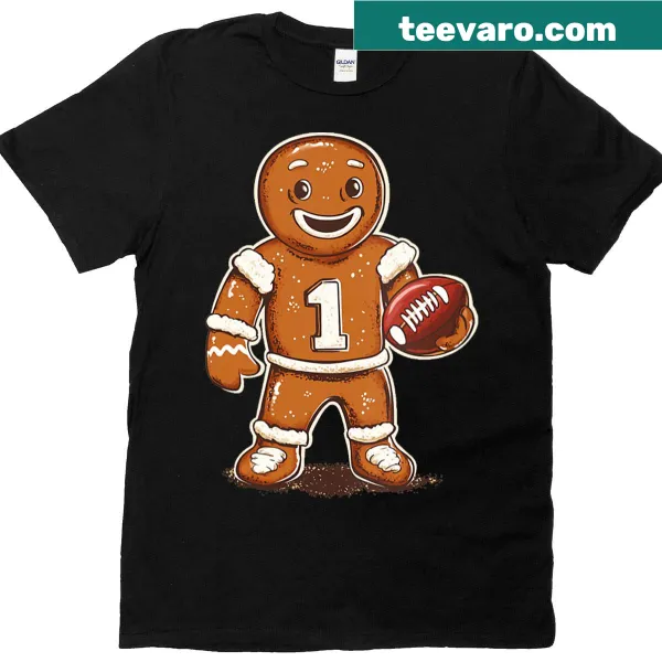 Gingerbread man in football gear on a festive t-shirt