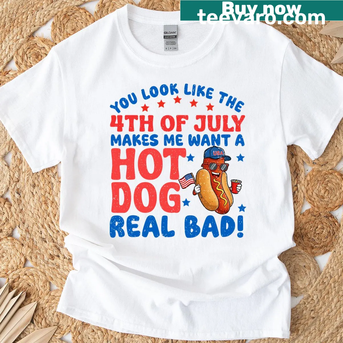 Funny T-shirt with hot dog phrase for Fourth of July — on a men's t-shirt