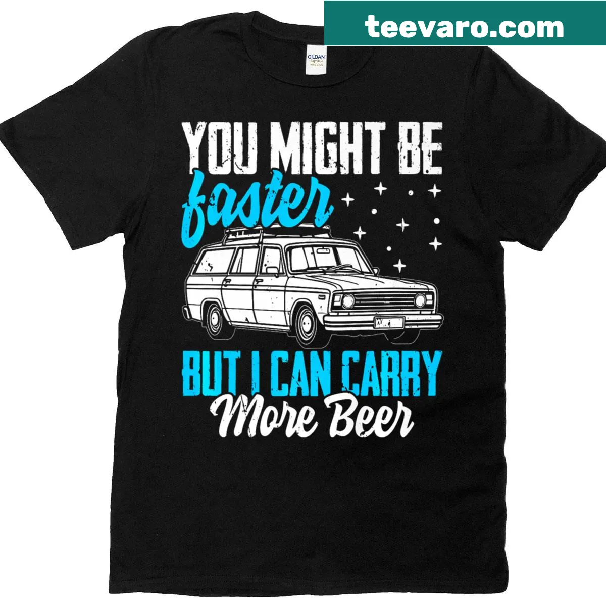 T-shirt featuring the phrase 'you might be faster but I can carry more beer.' — on a men's t-shirt